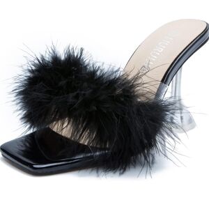 Black High Heeled Shoes with Feather Decoration. New Size 8